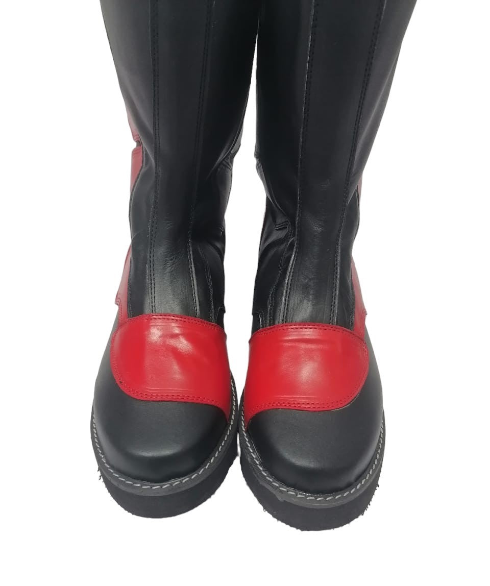 Wrestling Long Boots, Hook and Loop style, Black and Red Color, Handmade, 100% original Leather, Customizable