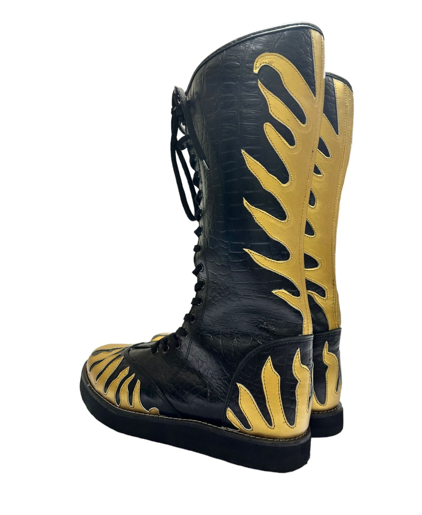 Pro Wrestling Long Boots, Handmade, 100% Original Leather, Gold Fire Style, Customizable colors