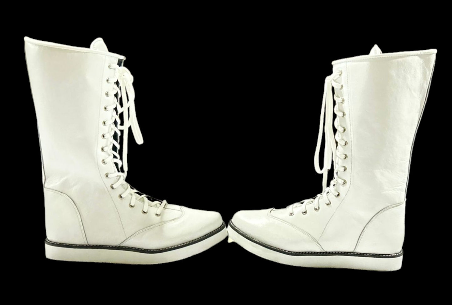 Wrestling Boots, Long White Color Shoes, 100% Genuine Leather, Handmade, Lace-up style