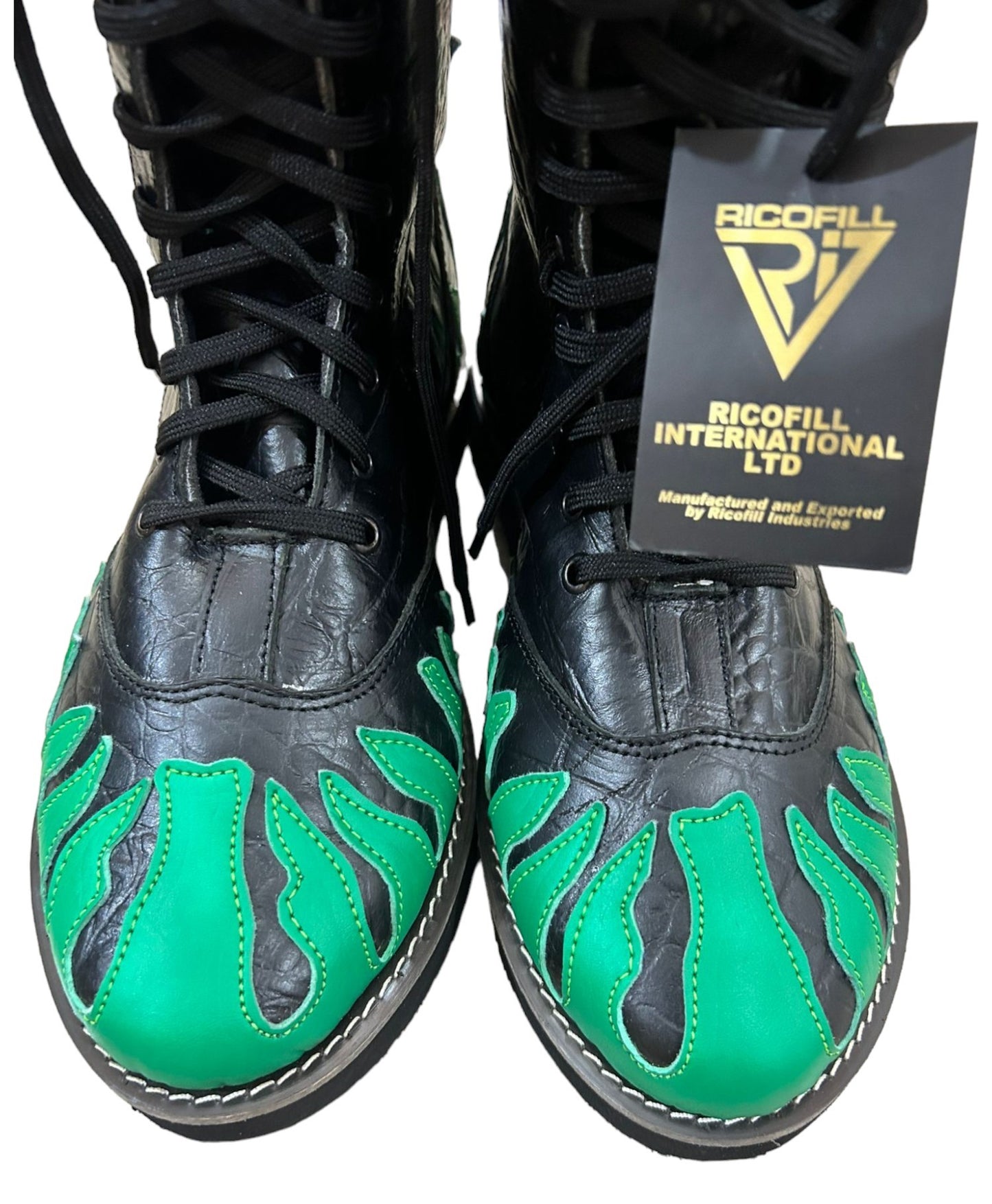 Pro Wrestling Shoes ,100% Original Leather, Green Fire Design, Customizable colors, Lace-up style