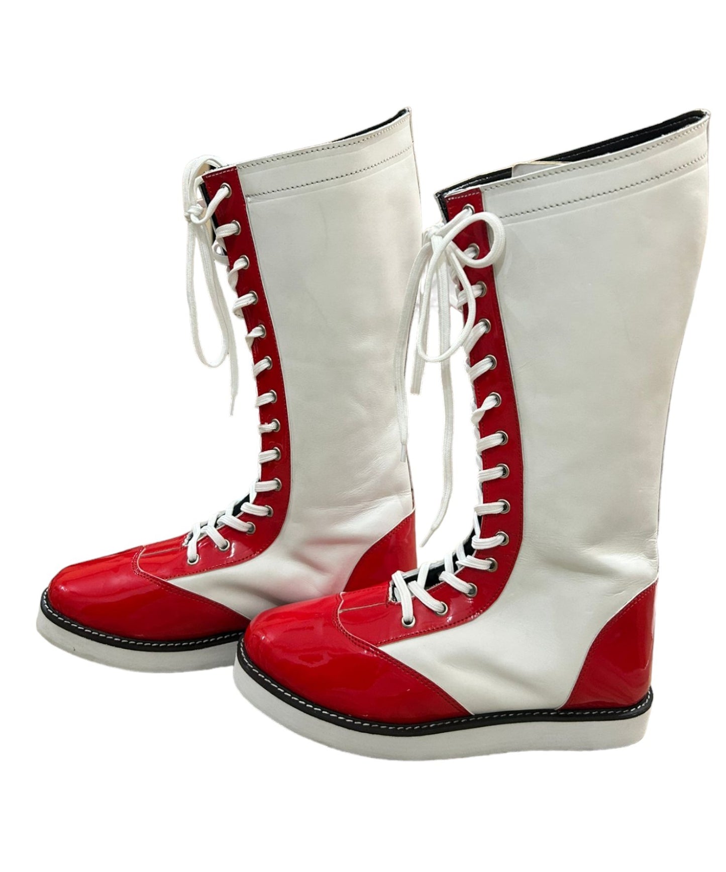 Wrestling Long Shoes, Handmade, 100% Original Leather, White and Red Color, Lace-up Style, Customizable