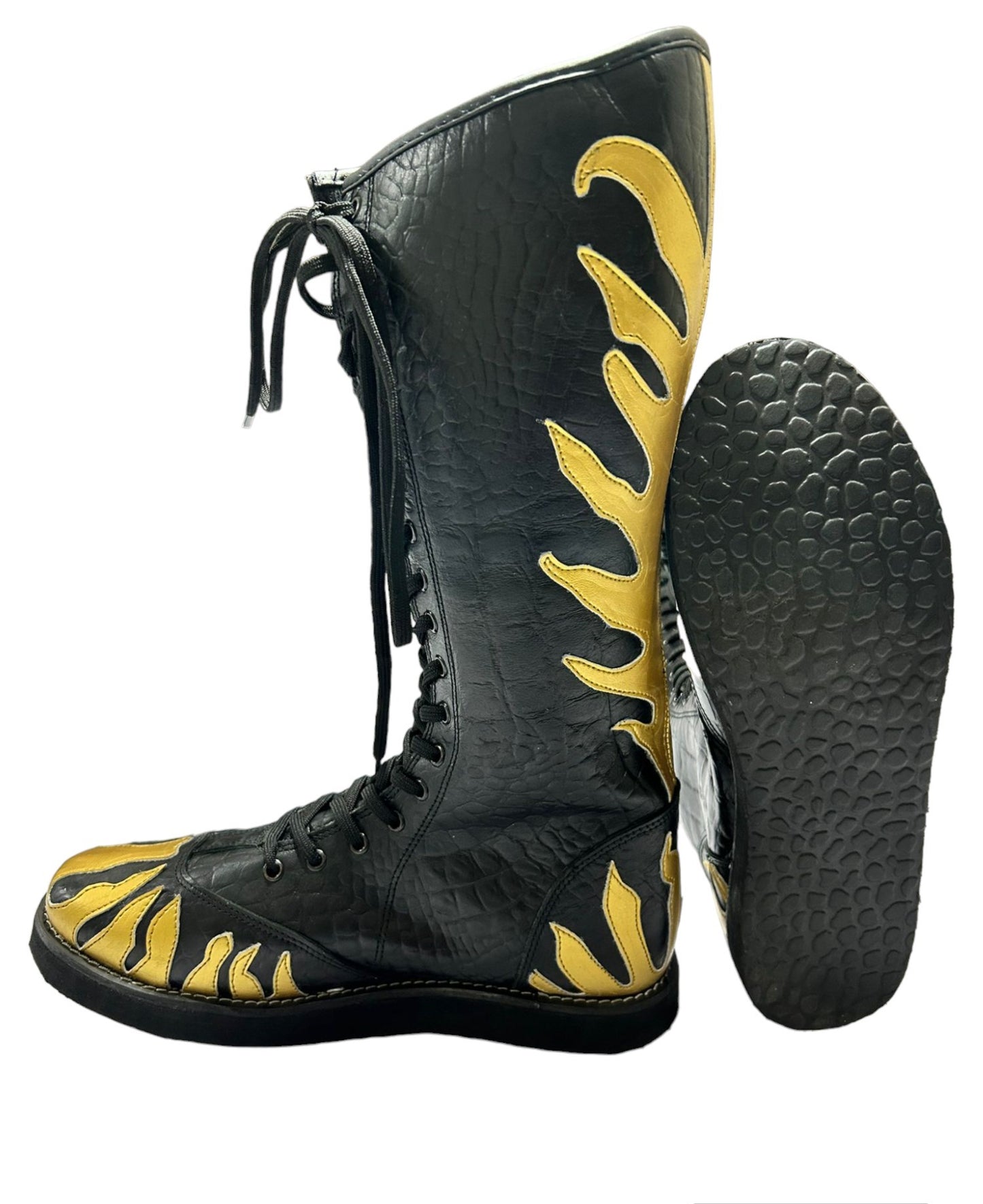 Pro Wrestling Long Boots, Handmade, 100% Original Leather, Gold Fire Style, Customizable colors