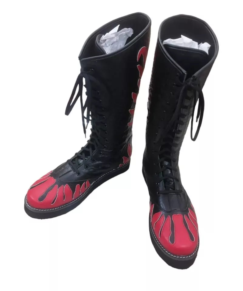 Wrestling Long Boots, Handmade Leather Shoes, 100% Original Leather, Red Fire Style, Customizable, Lace-up style