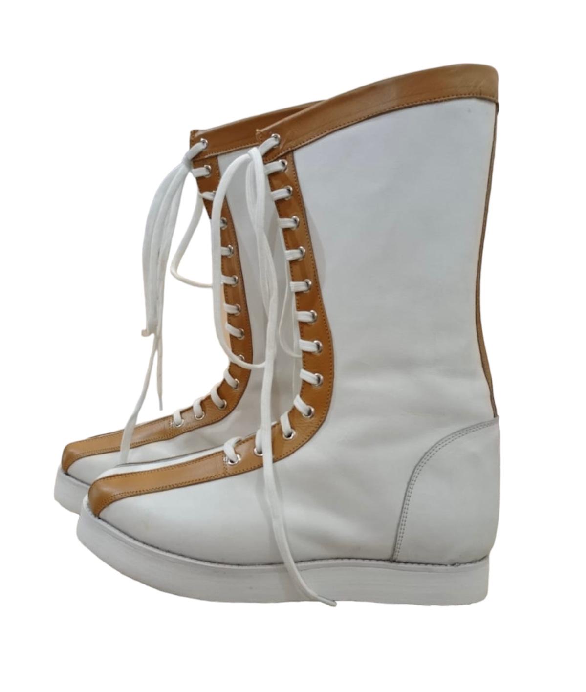 Pro Wrestling Boots, Handmade , 100% original Leather, White Color with Tan Brown Tips, Lace-up style, Customizable , Lucha Libre Boots