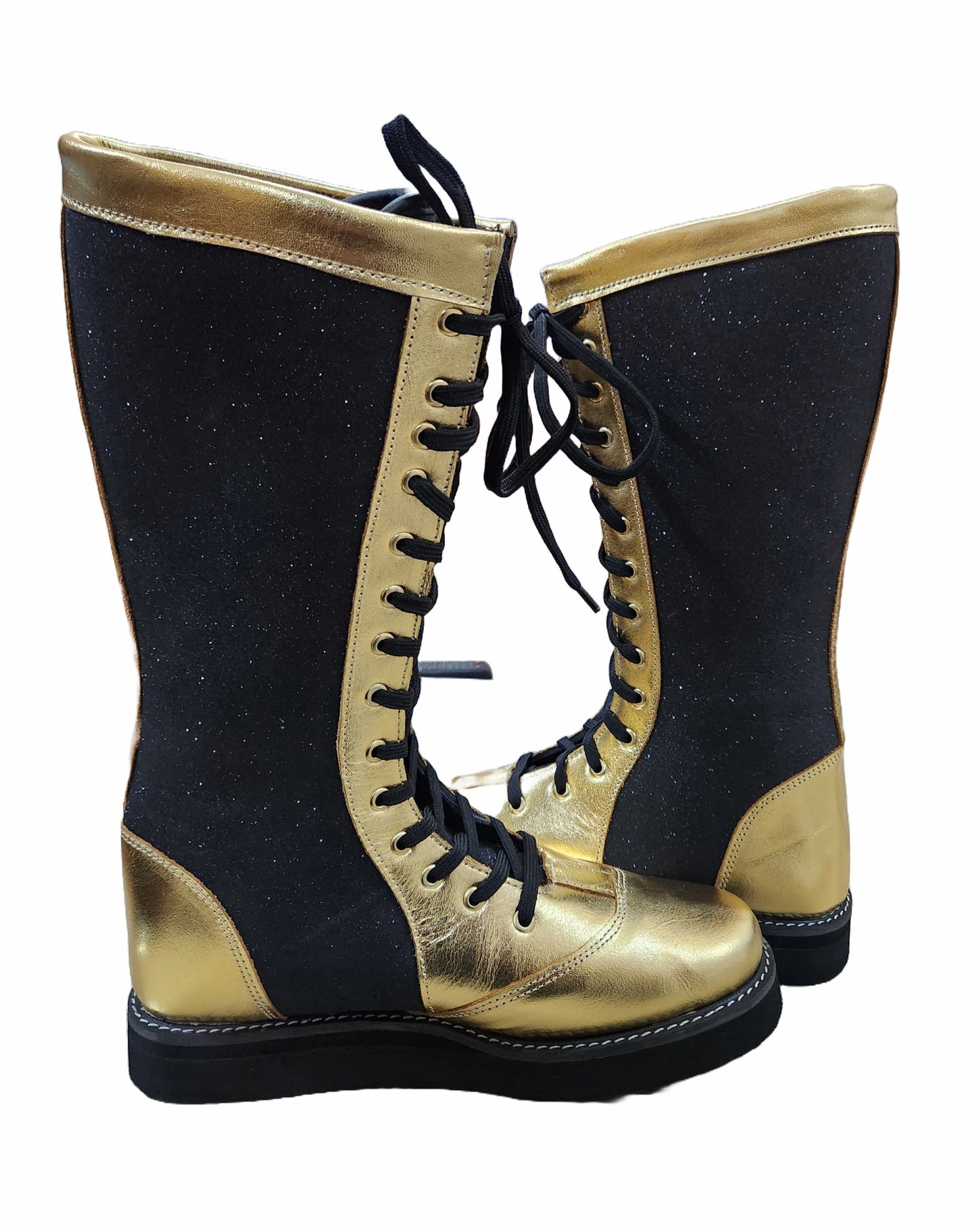 Wrestling Boots, Handmade, 100% Original Leather, Golden and Black Glitter Color