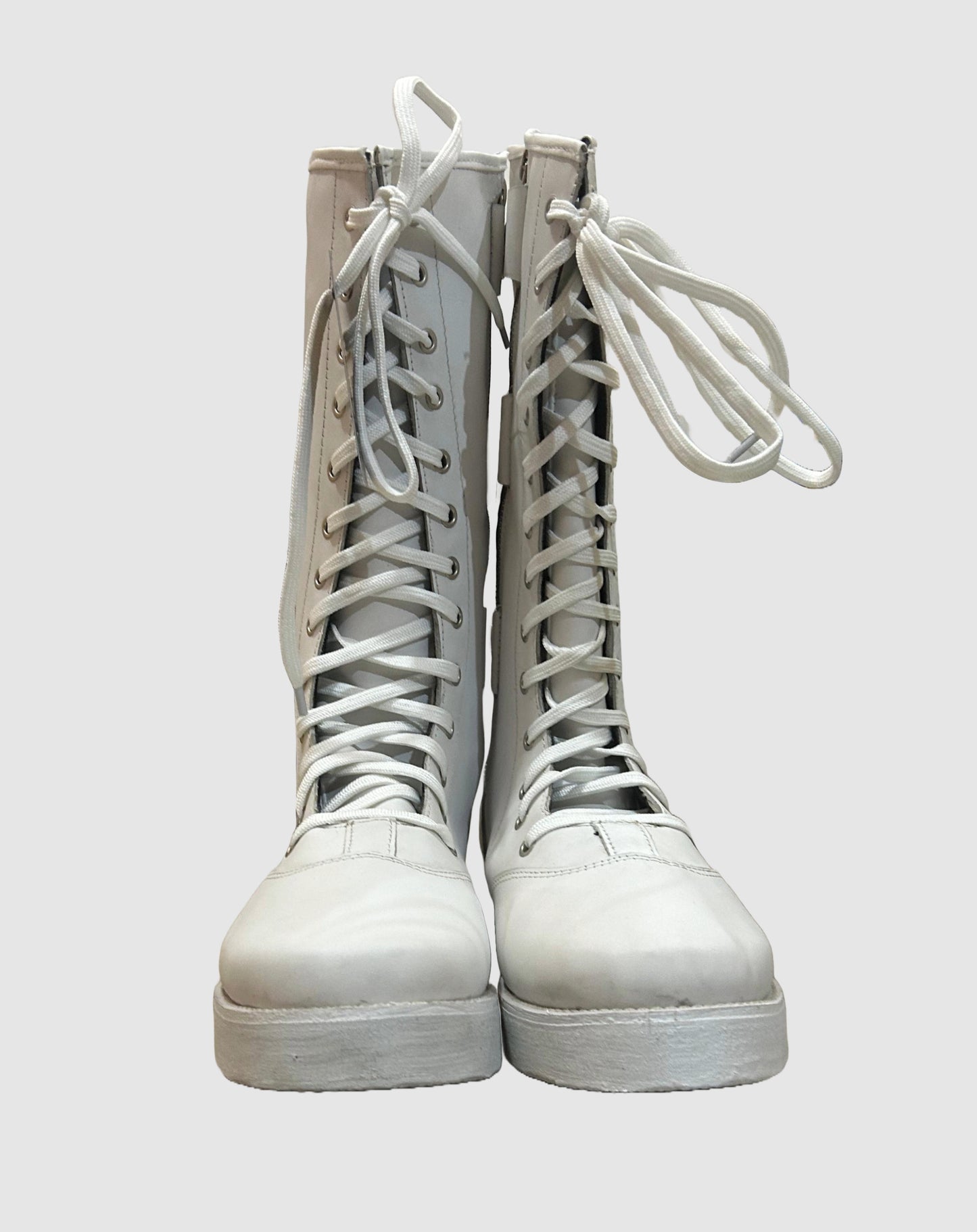 Pro Wrestling Boots, Handmade,   ZIPPER & Lace-up style, 100% Original Leather, White Color