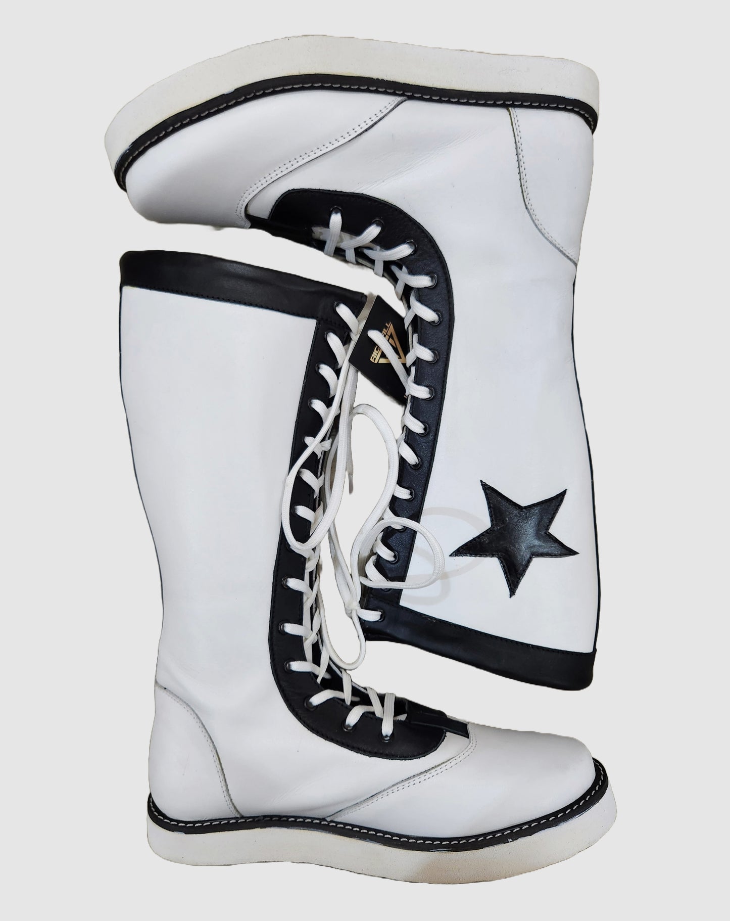 Pro Wrestling Star Boots, Handmade, 100% Original Leather, Lace-Up Style in White & Black