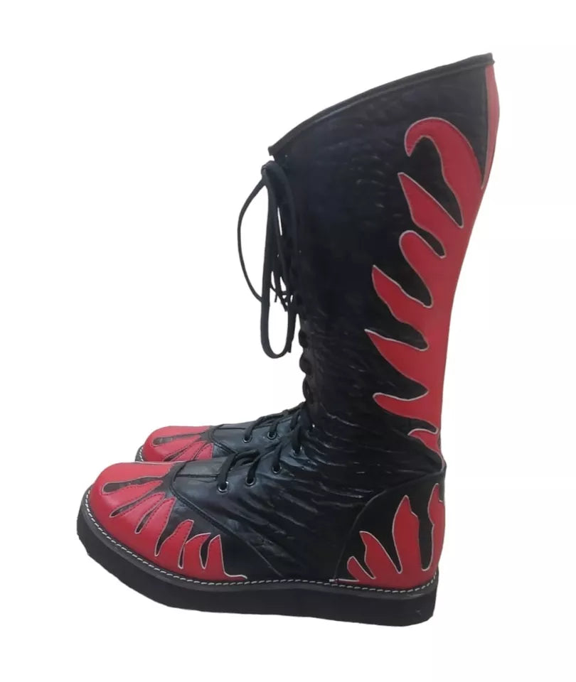 Wrestling Long Boots, Handmade Leather Shoes, 100% Original Leather, Red Fire Style, Customizable, Lace-up style