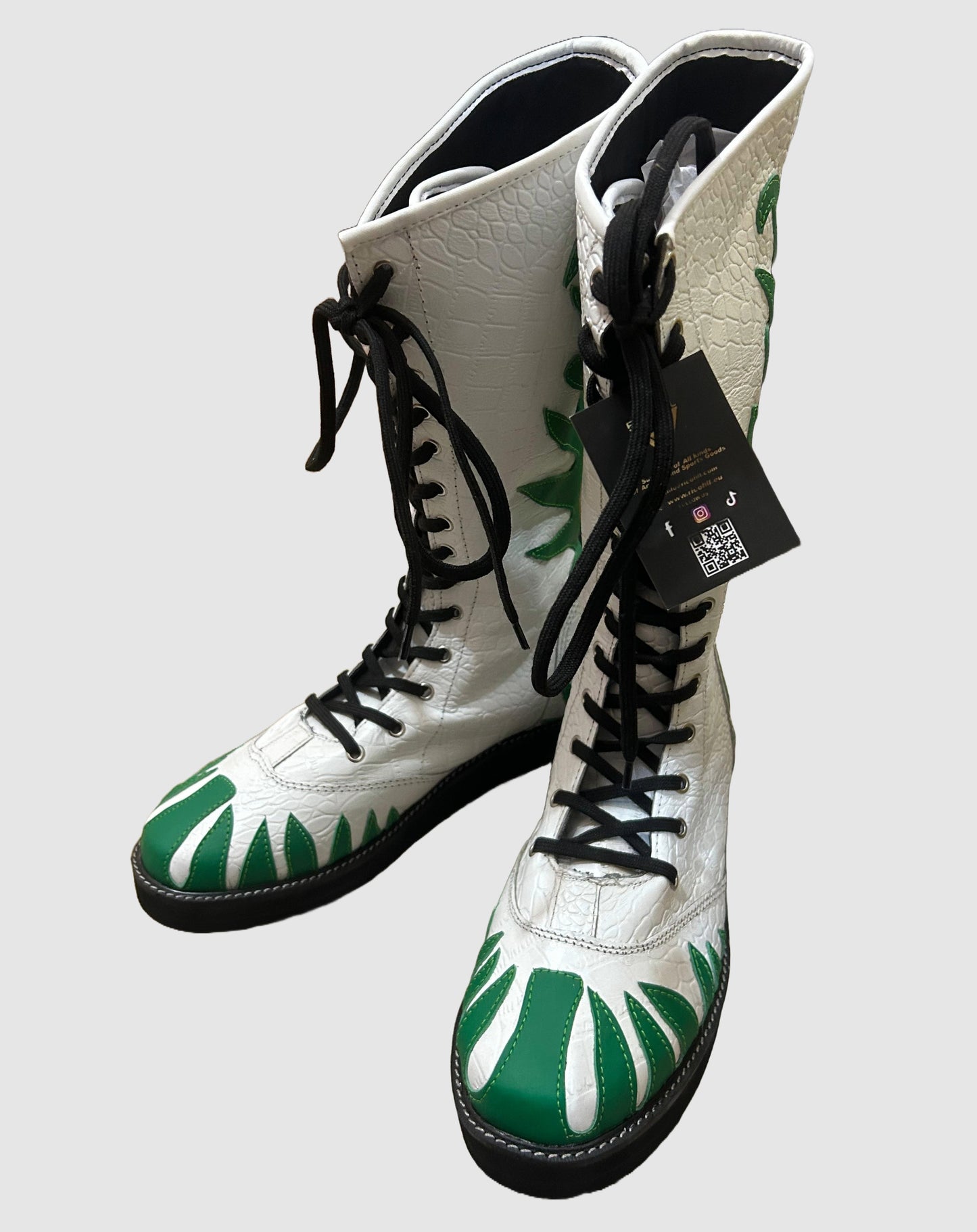 Pro Wrestling Shoes ,100% Original Leather, White color with green fire