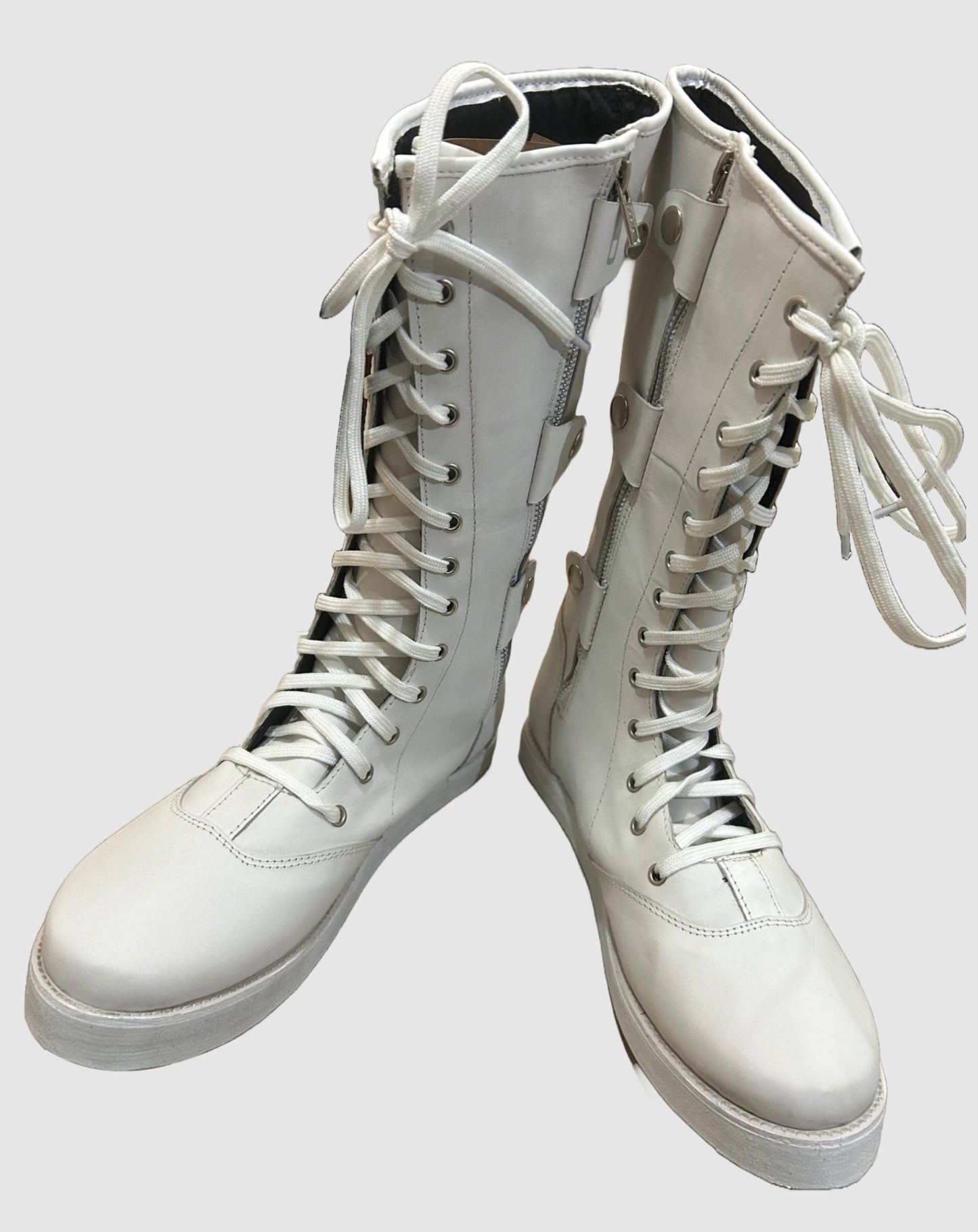 Pro Wrestling Boots, Handmade,   ZIPPER & Lace-up style, 100% Original Leather, White Color