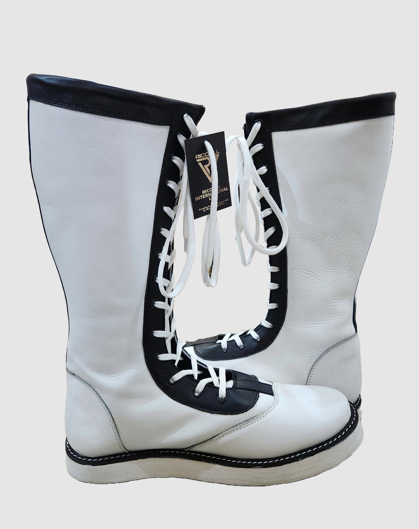 Pro Wrestling Star Boots, Handmade, 100% Original Leather, Lace-Up Style in White & Black