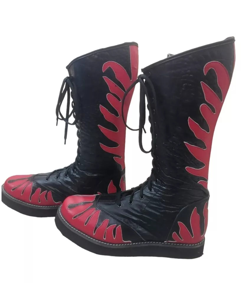 Wrestling Long Boots, Handmade Leather Shoes, 100% Original Leather, Red Fire Style, Customizable, Lace-up style