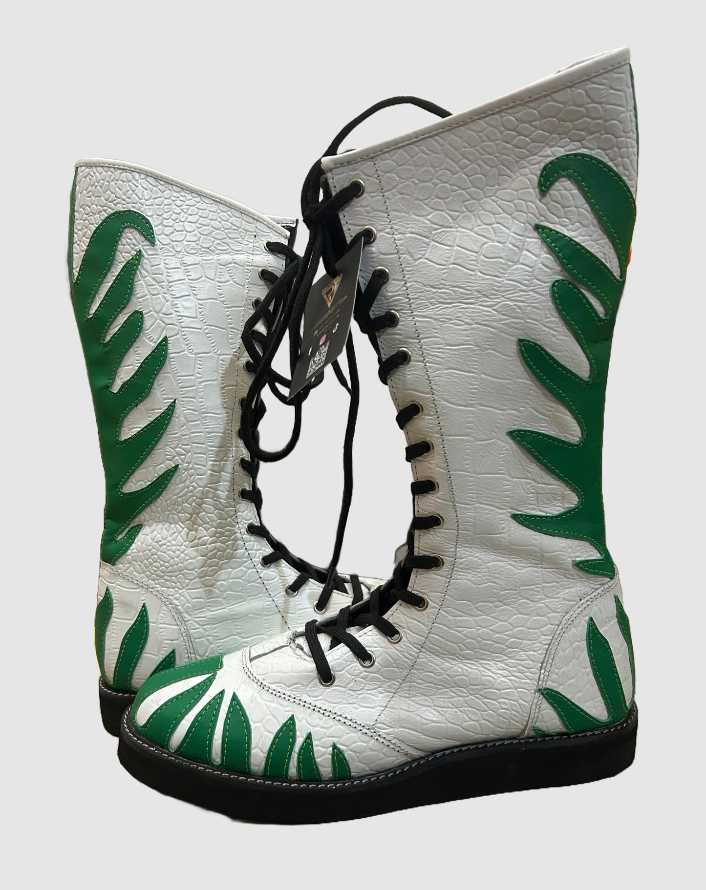 Pro Wrestling Shoes ,100% Original Leather, White color with green fire