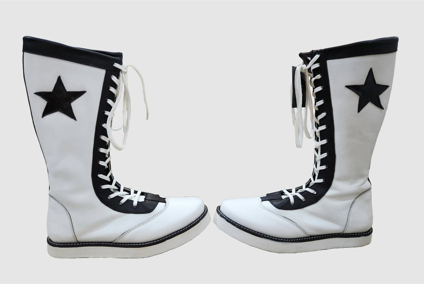 Pro Wrestling Star Boots, Handmade, 100% Original Leather, Lace-Up Style in White & Black