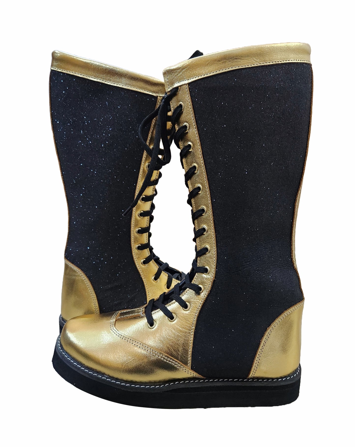 Wrestling Boots, Handmade, 100% Original Leather, Golden and Black Glitter Color