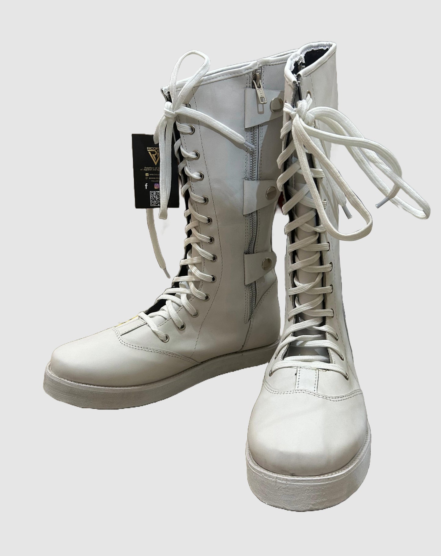 Pro Wrestling Boots, Handmade,   ZIPPER & Lace-up style, 100% Original Leather, White Color