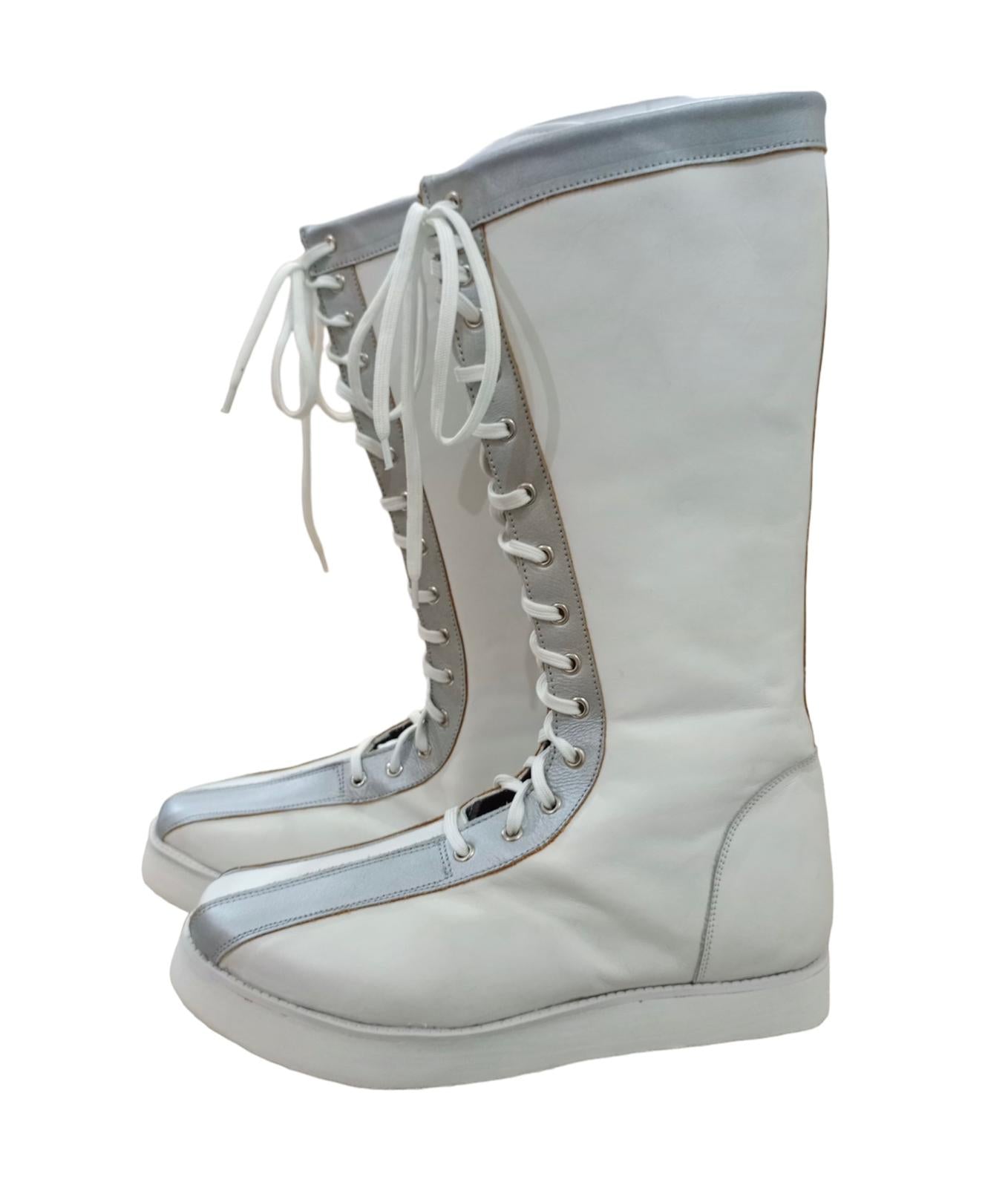 Pro Wrestling Boots, Handmade , 100% original Leather, White Color with Silver  Tips, Lace-up style