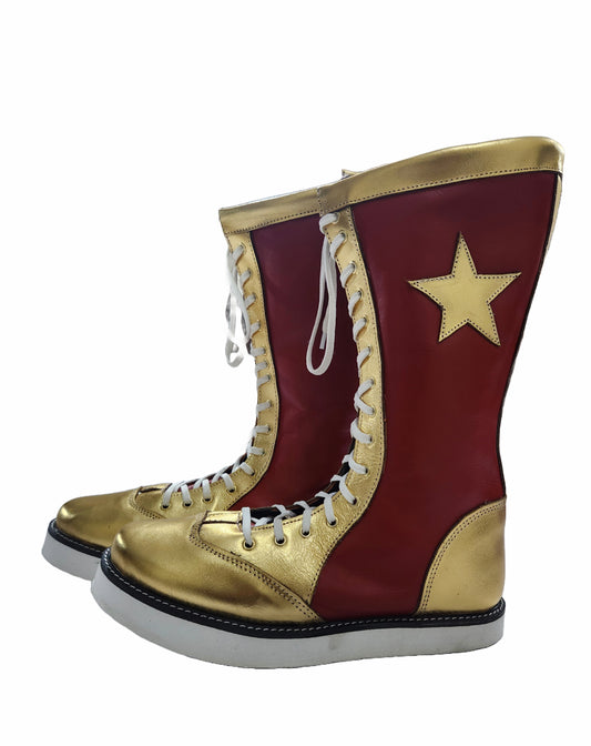 Wrestling Star Boots, Handmade, 100% Pure Leather, Maroon & Gold color