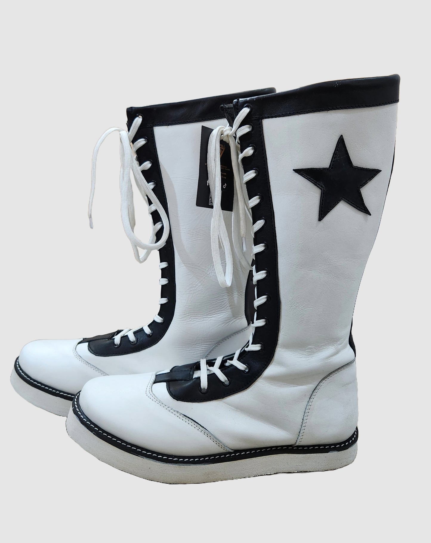 Pro Wrestling Star Boots, Handmade, 100% Original Leather, Lace-Up Style in White & Black