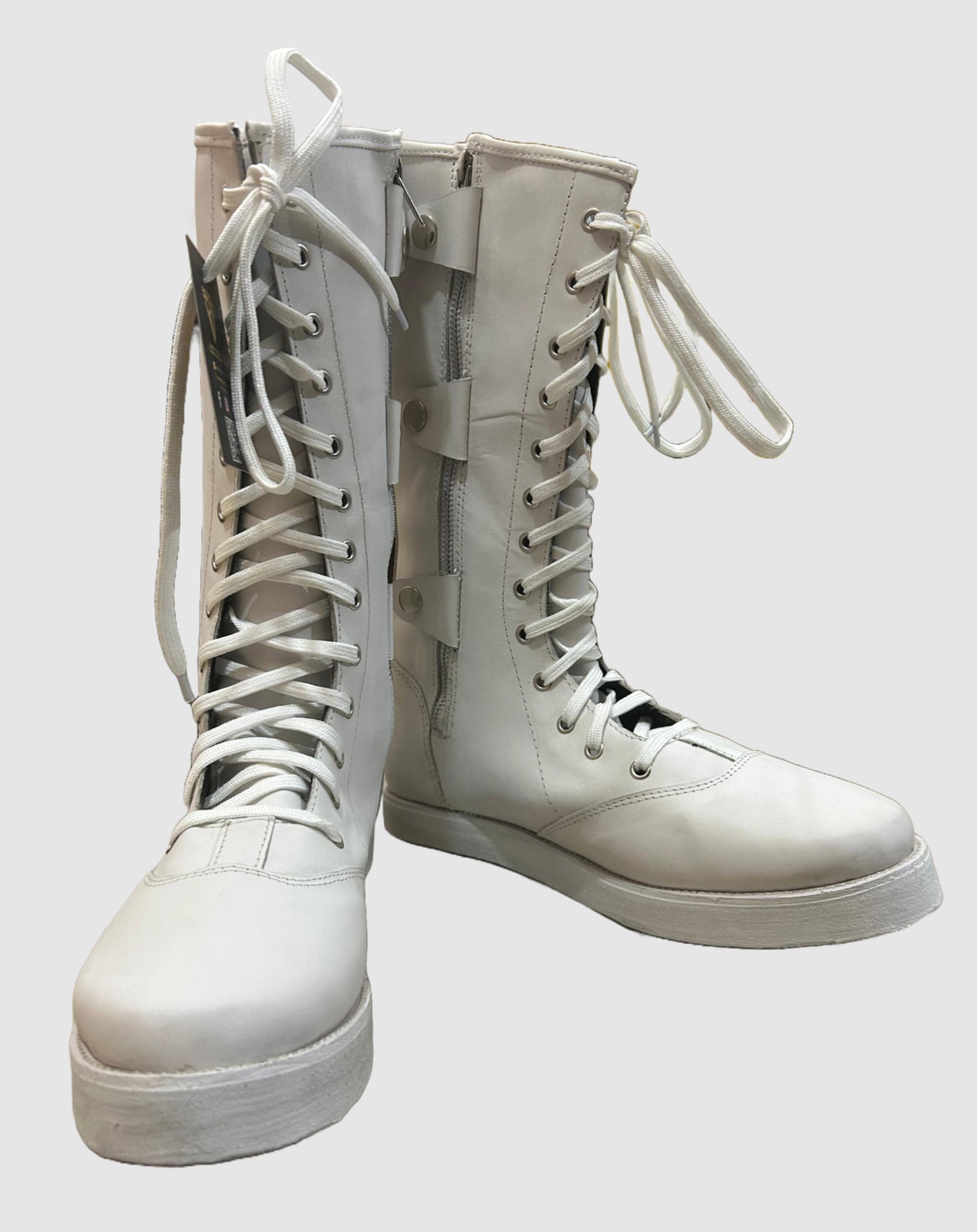 Pro Wrestling Boots, Handmade,   ZIPPER & Lace-up style, 100% Original Leather, White Color