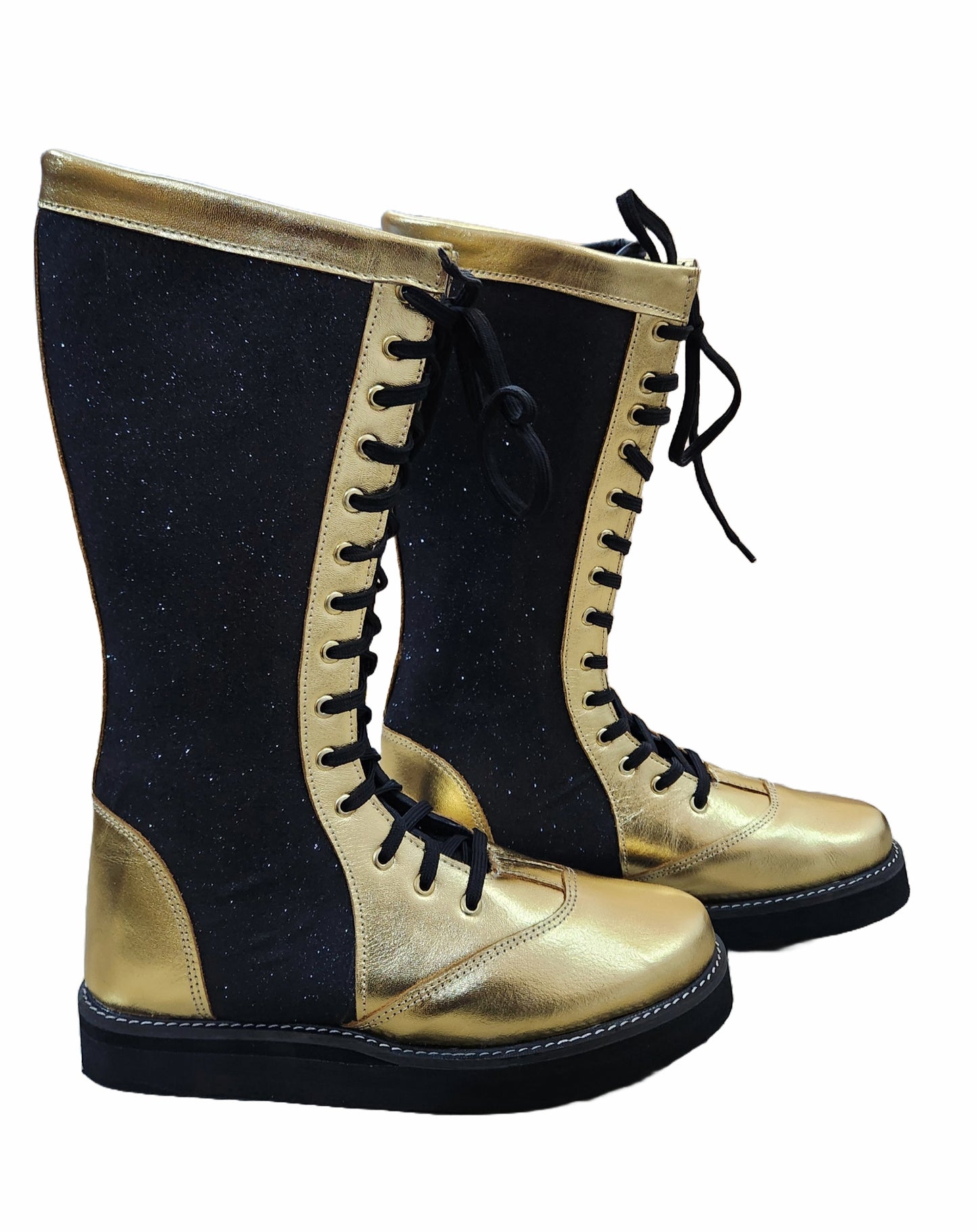 Wrestling Boots, Handmade, 100% Original Leather, Golden and Black Glitter Color