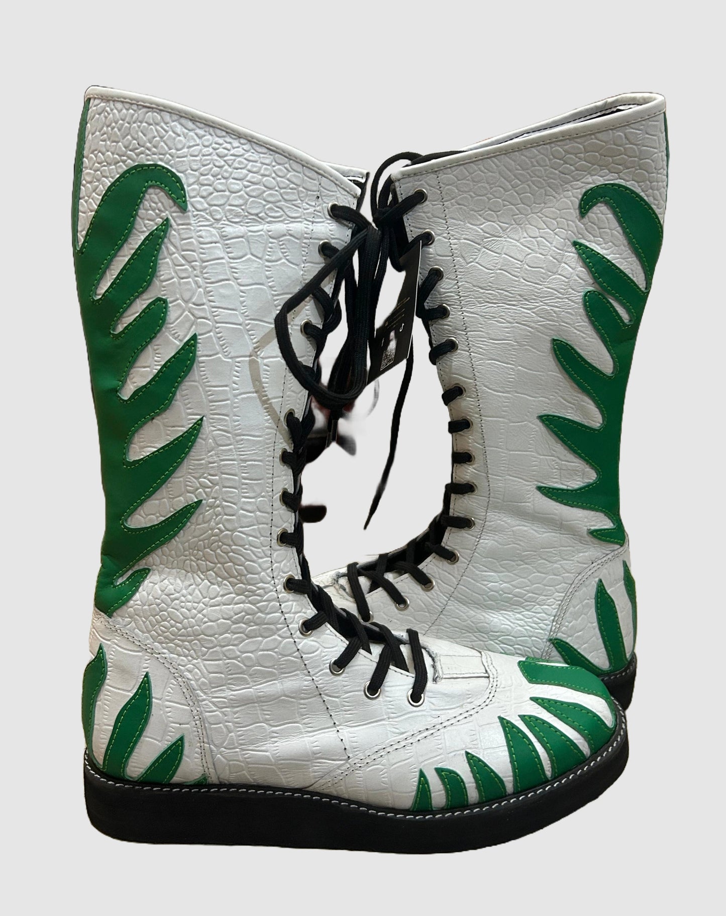 Pro Wrestling Shoes ,100% Original Leather, White color with green fire