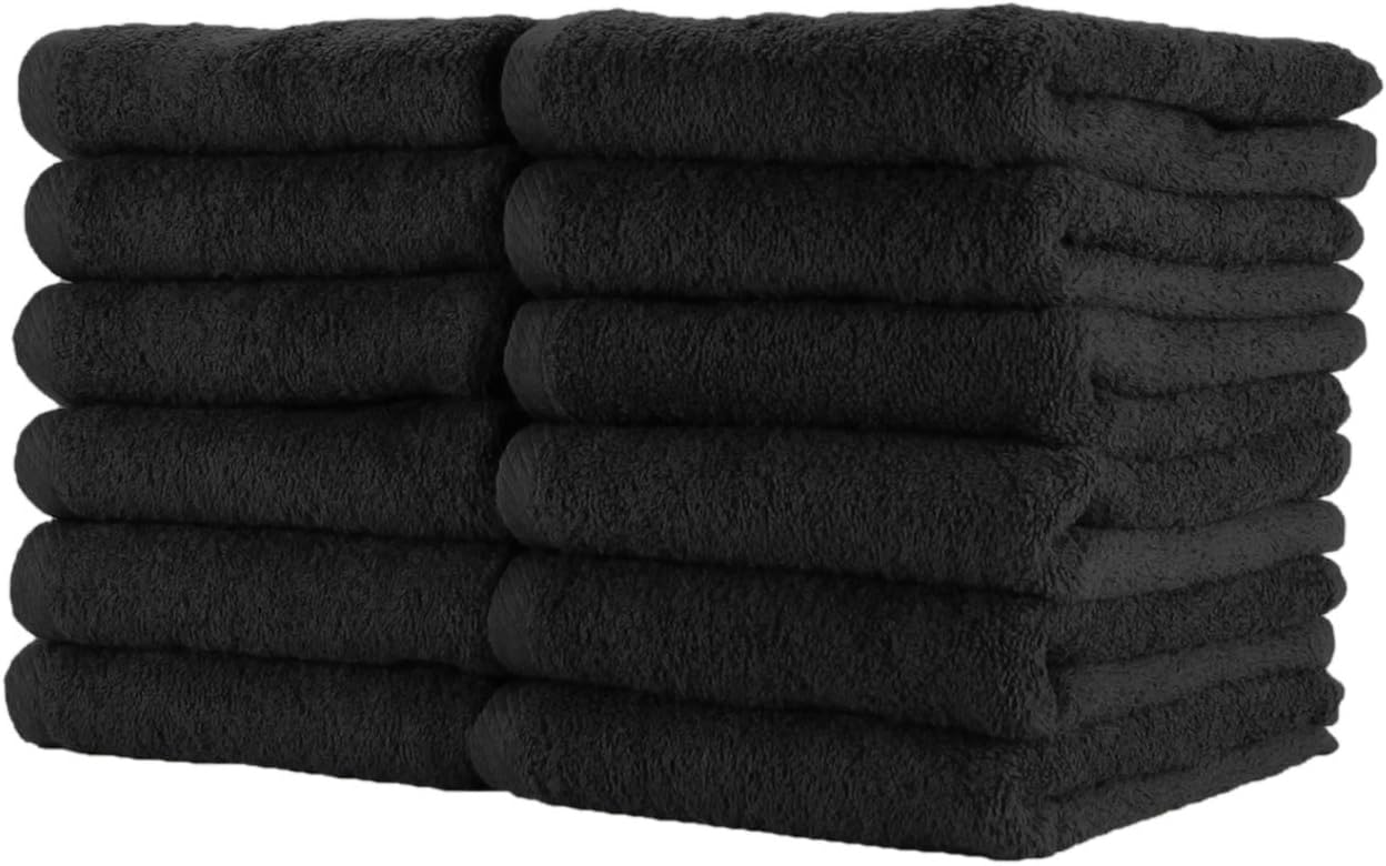 Bleach Proof Salon Towels - Pack of 12 - Highly Absorbent, 100% Cotton, Quick Dry Spa Face Towel for Hair Stylist, Barber, Pedicure, and Esthetician, 16 x 29 in, Black