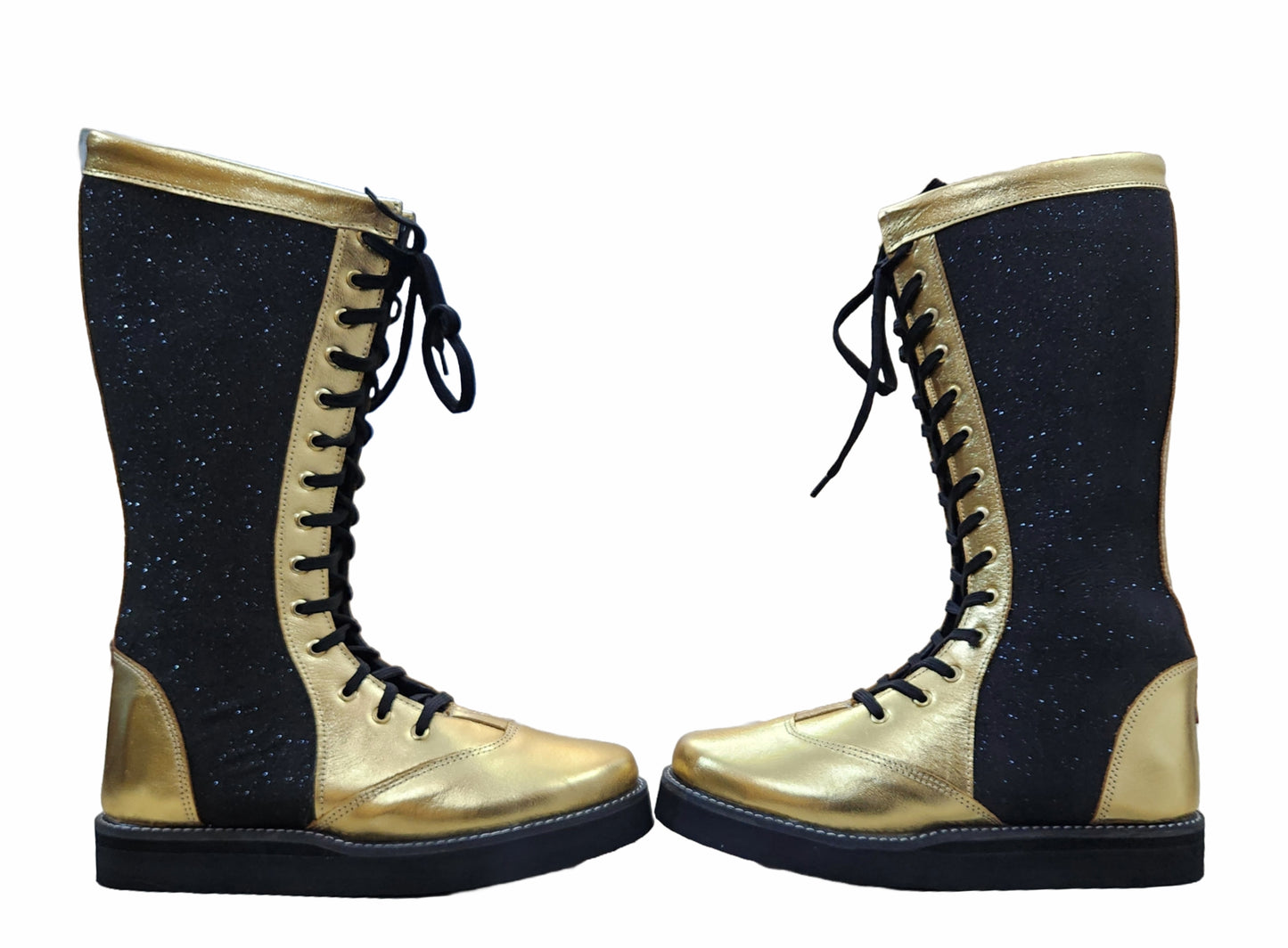 Wrestling Boots, Handmade, 100% Original Leather, Golden and Black Glitter Color