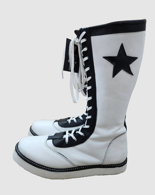 Pro Wrestling Star Boots, Handmade, 100% Original Leather, Lace-Up Style in White & Black