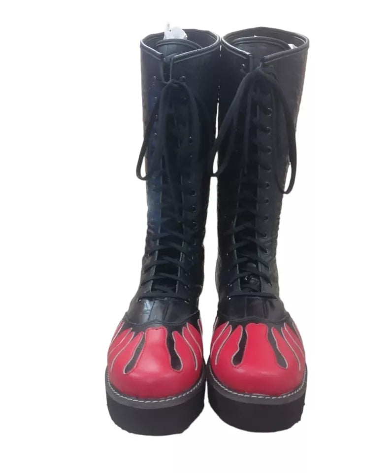 Wrestling Long Boots, Handmade Leather Shoes, 100% Original Leather, Red Fire Style, Customizable, Lace-up style