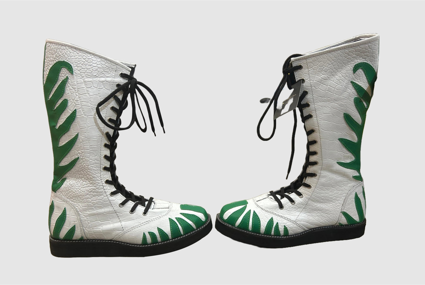 Pro Wrestling Shoes ,100% Original Leather, White color with green fire