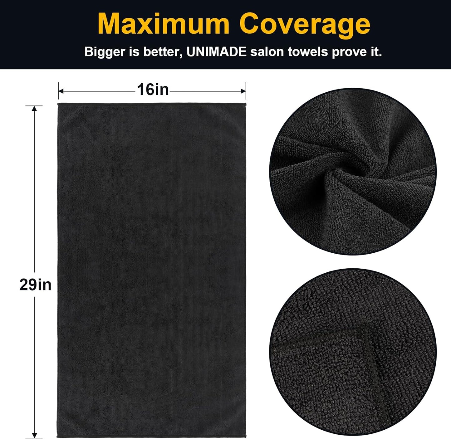 Bleach Proof Salon Towels - Pack of 12 - Highly Absorbent, 100% Cotton, Quick Dry Spa Face Towel for Hair Stylist, Barber, Pedicure, and Esthetician, 16 x 29 in, Black