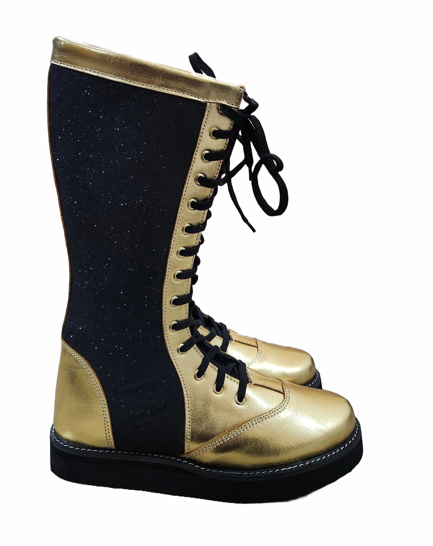 Wrestling Boots, Handmade, 100% Original Leather, Golden and Black Glitter Color