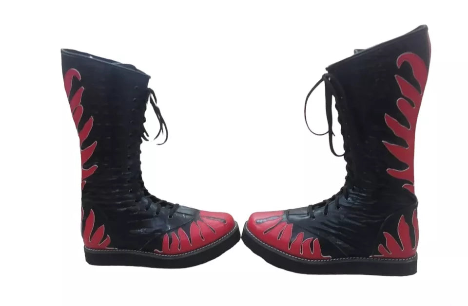 Wrestling Long Boots, Handmade Leather Shoes, 100% Original Leather, Red Fire Style, Customizable, Lace-up style