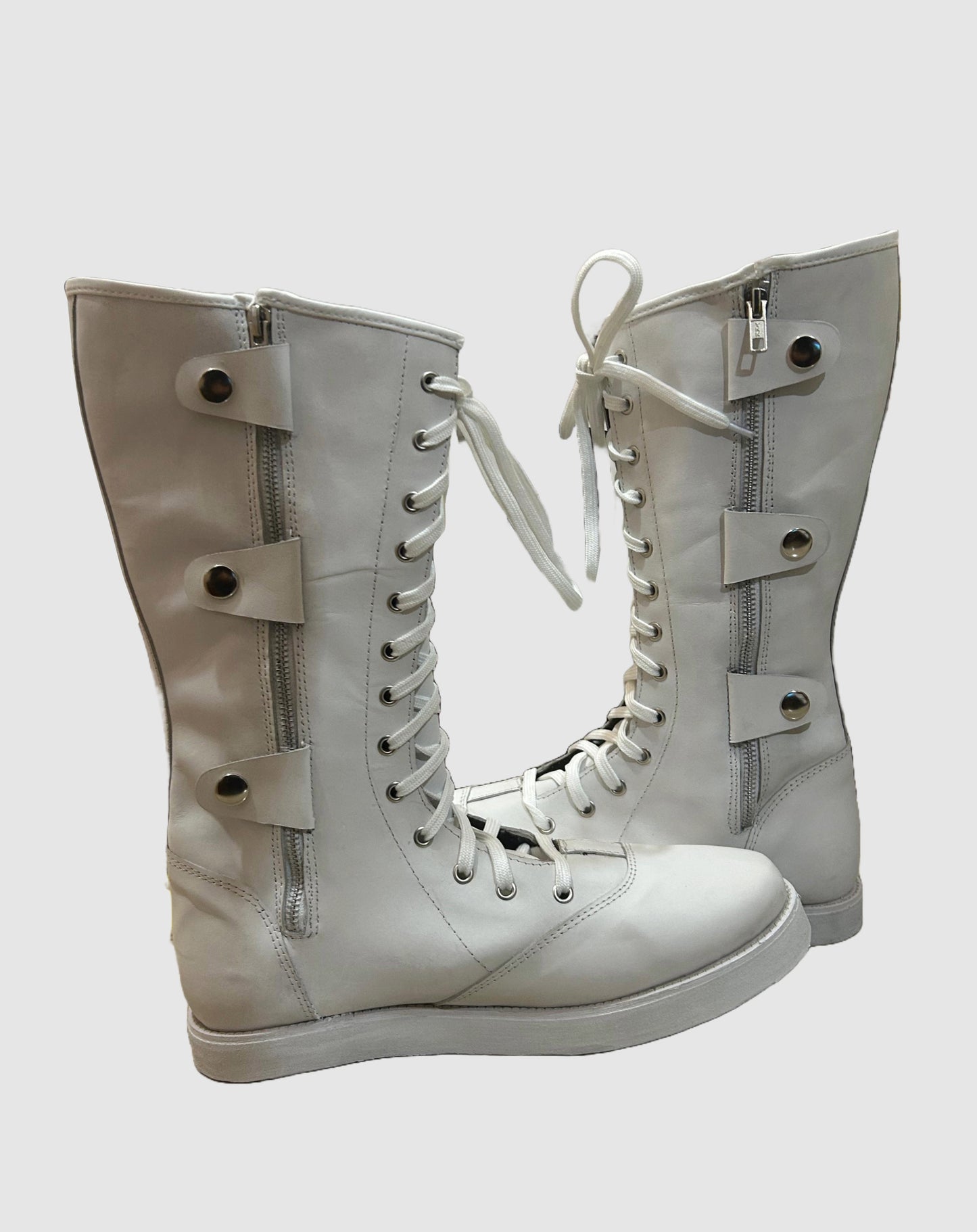 Pro Wrestling Boots, Handmade,   ZIPPER & Lace-up style, 100% Original Leather, White Color