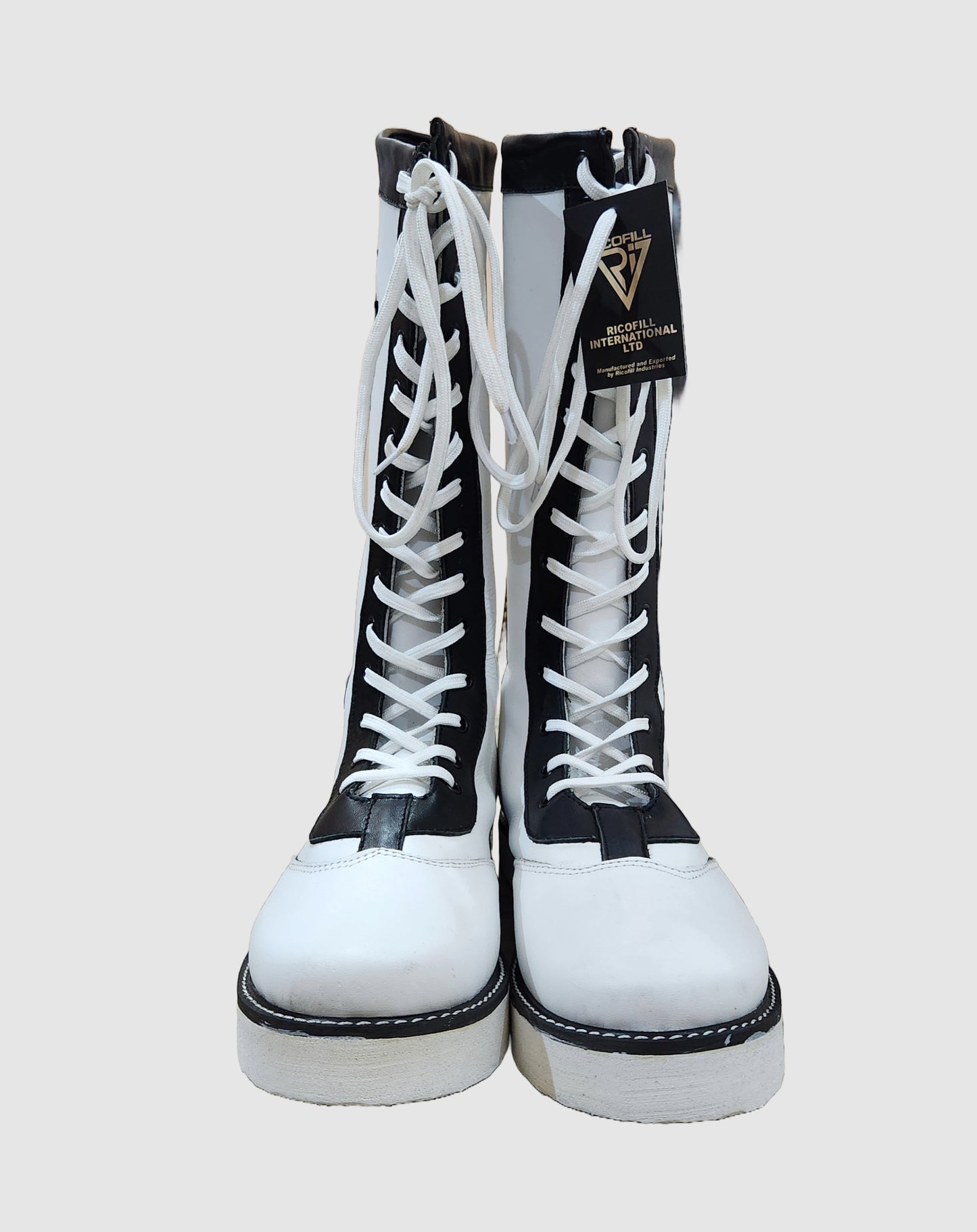 Pro Wrestling Star Boots, Handmade, 100% Original Leather, Lace-Up Style in White & Black