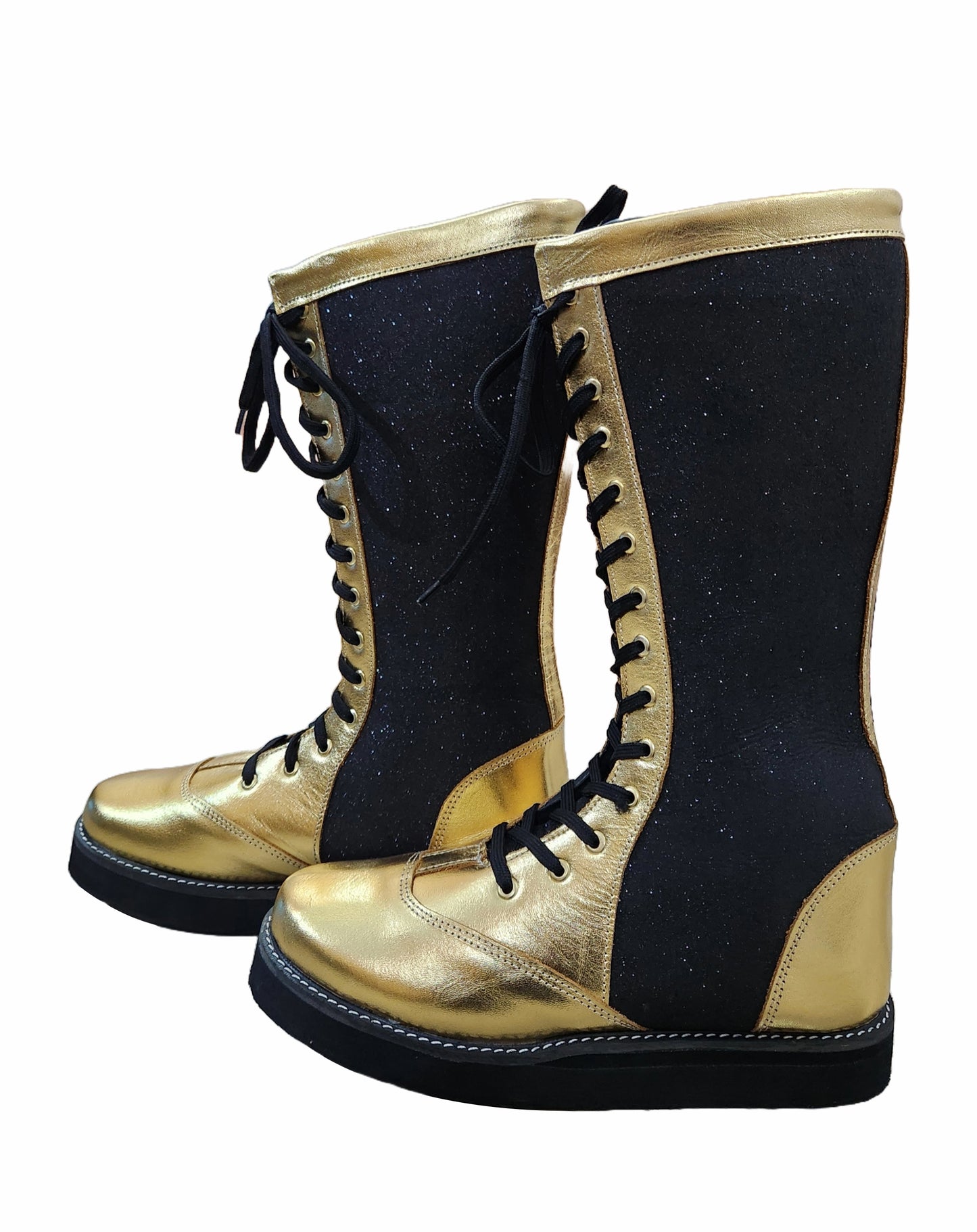 Wrestling Boots, Handmade, 100% Original Leather, Golden and Black Glitter Color