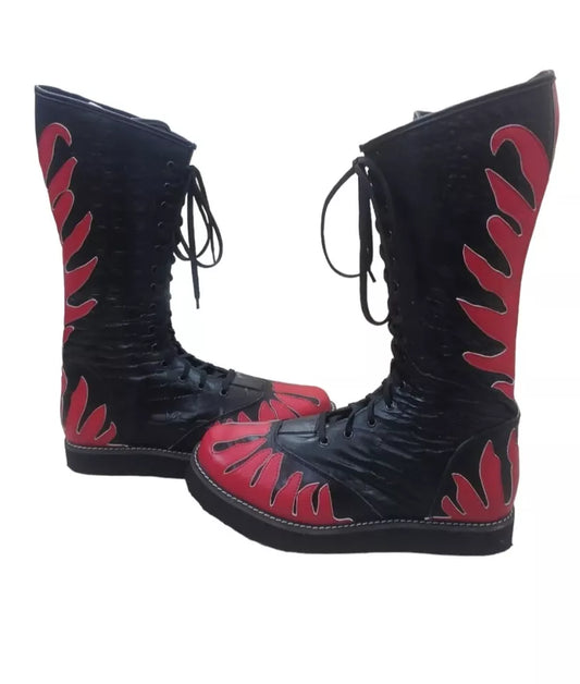 Wrestling Long Boots, Handmade Leather Shoes, 100% Original Leather, Red Fire Style, Customizable, Lace-up style