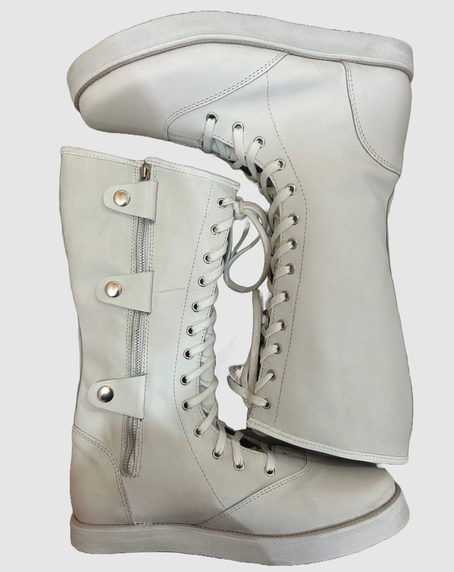 Pro Wrestling Boots, Handmade,   ZIPPER & Lace-up style, 100% Original Leather, White Color