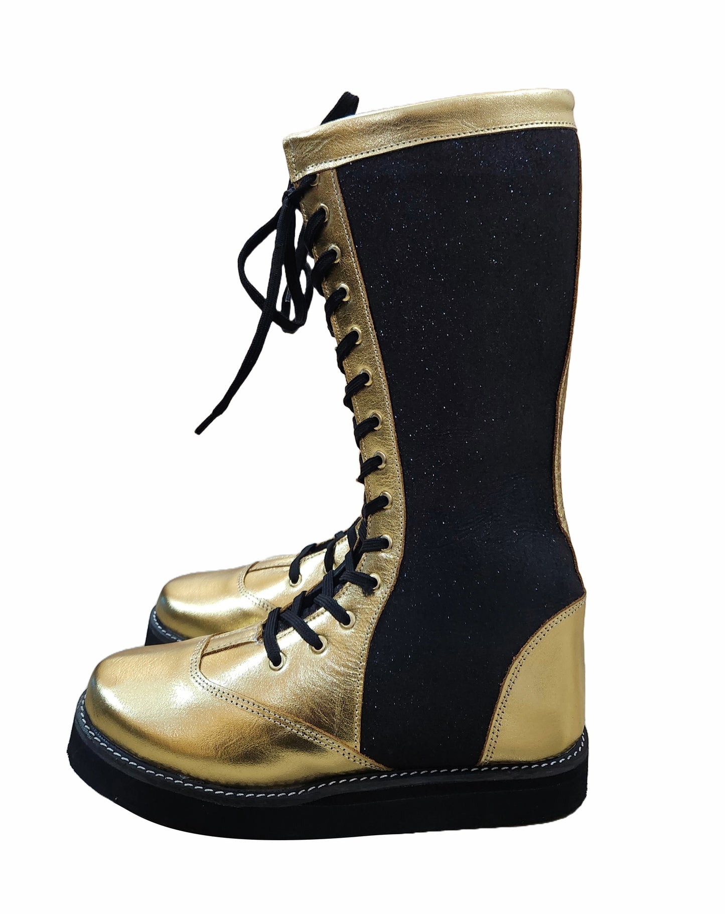 Wrestling Boots, Handmade, 100% Original Leather, Golden and Black Glitter Color