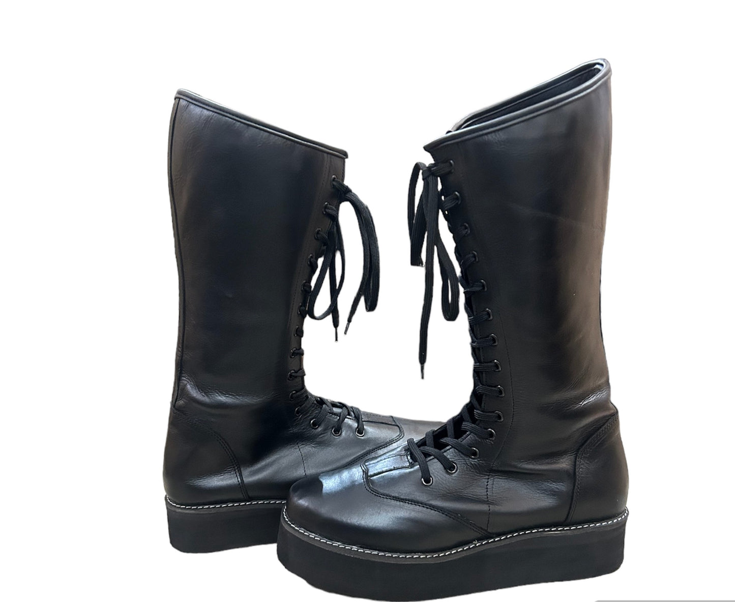 Wrestling Long Boots, Handmade,  Plain Black Color, High Sole, Lace-up style, 100% Original Leather, Customizable