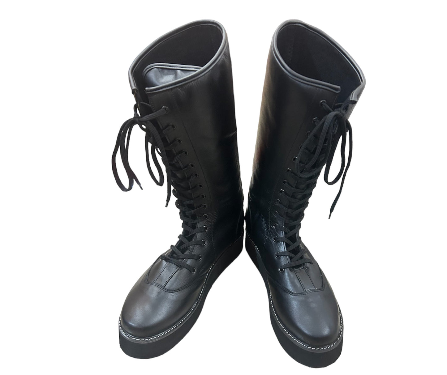 Wrestling Long Boots, Handmade,  Plain Black Color, High Sole, Lace-up style, 100% Original Leather, Customizable