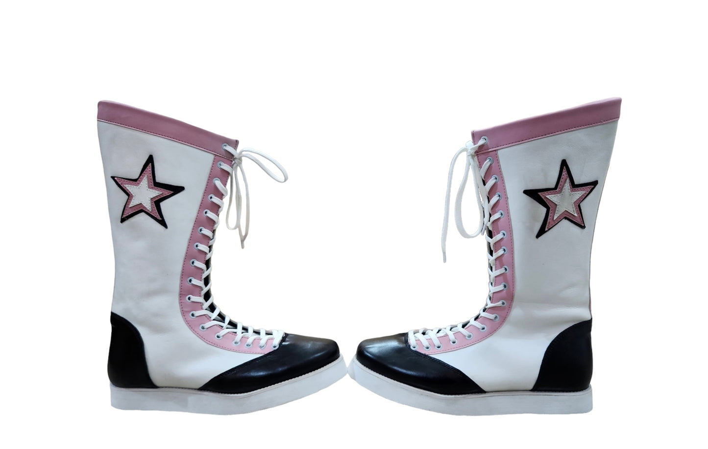 Pro Wrestling Boots, Handmade , 100% original Leather, Pink, White & Black star Boots, Customizable