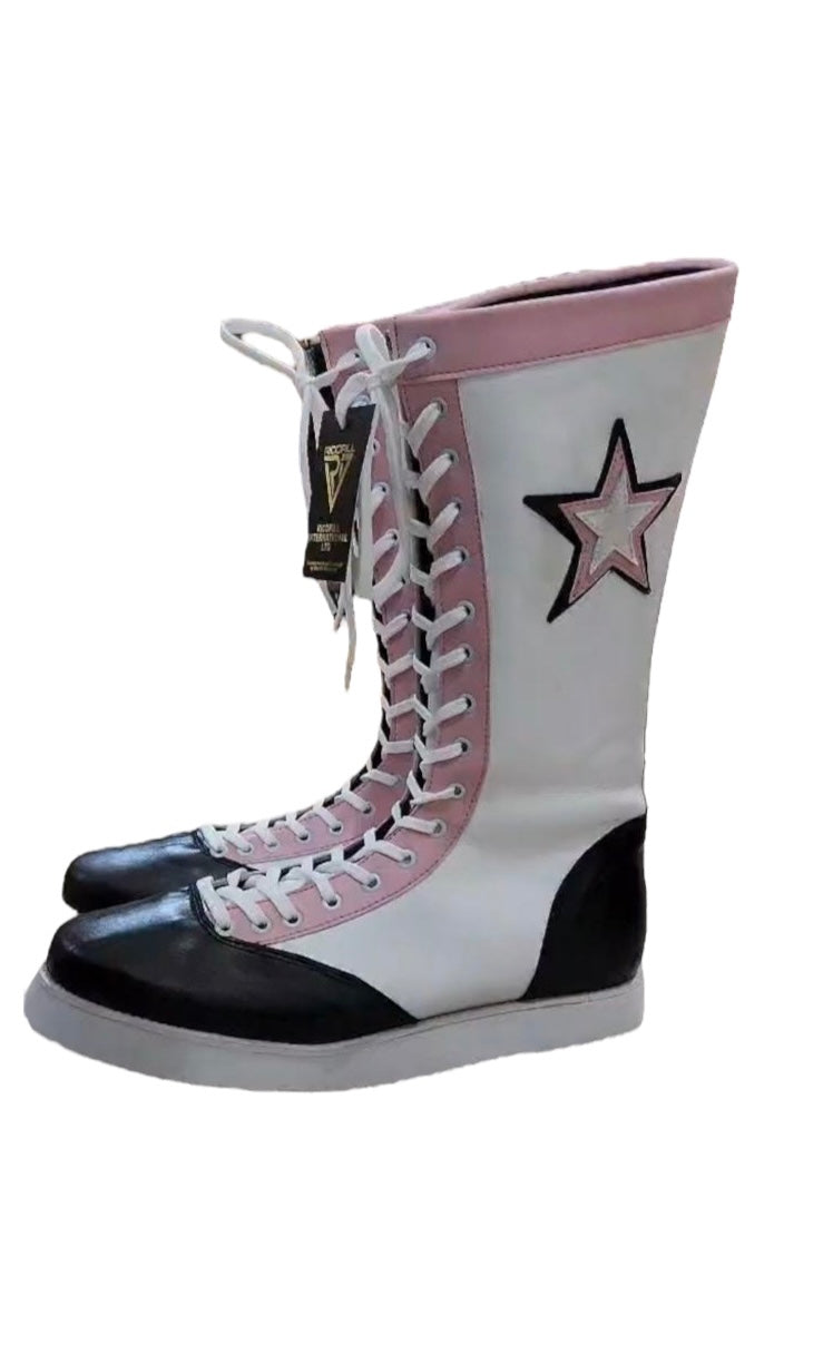 Pro Wrestling Boots, Handmade , 100% original Leather, Pink, White & Black star Boots, Customizable