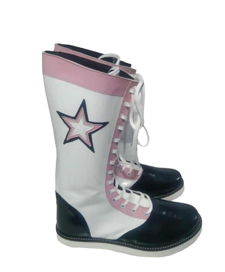 Pro Wrestling Boots, Handmade , 100% original Leather, Pink, White & Black star Boots, Customizable