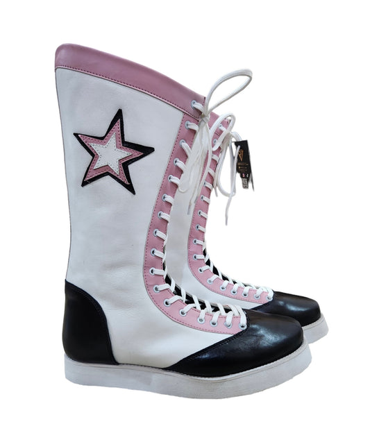 Pro Wrestling Boots, Handmade , 100% original Leather, Pink, White & Black star Boots, Customizable