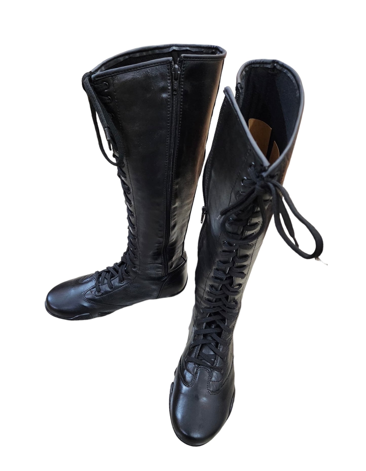 Pro Wrestling Boots, Flat Sole, Handmade,   ZIPPER & Lace-up style, 100% Original Leather, Black Color, Customizable