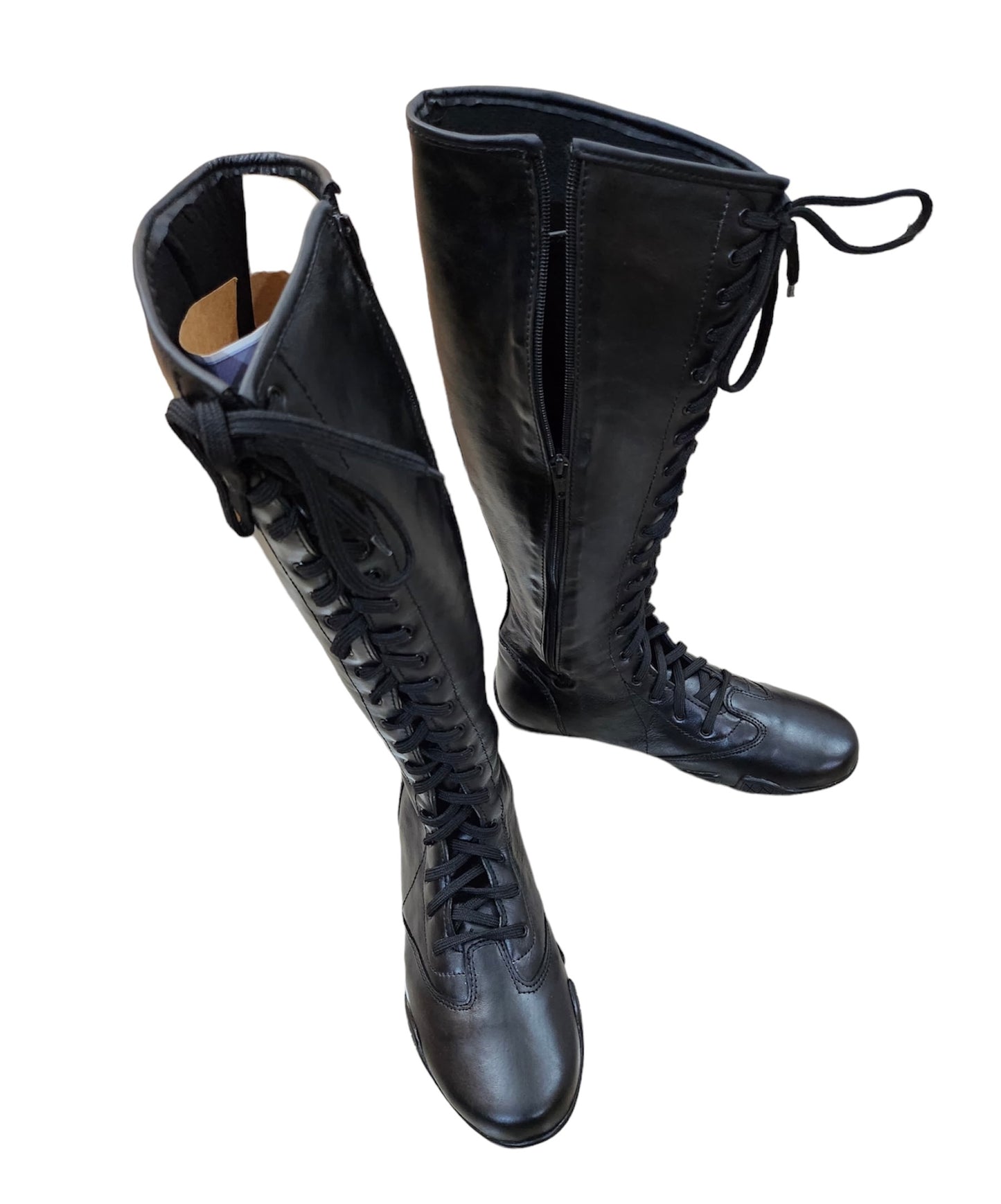 Pro Wrestling Boots, Flat Sole, Handmade,   ZIPPER & Lace-up style, 100% Original Leather, Black Color, Customizable