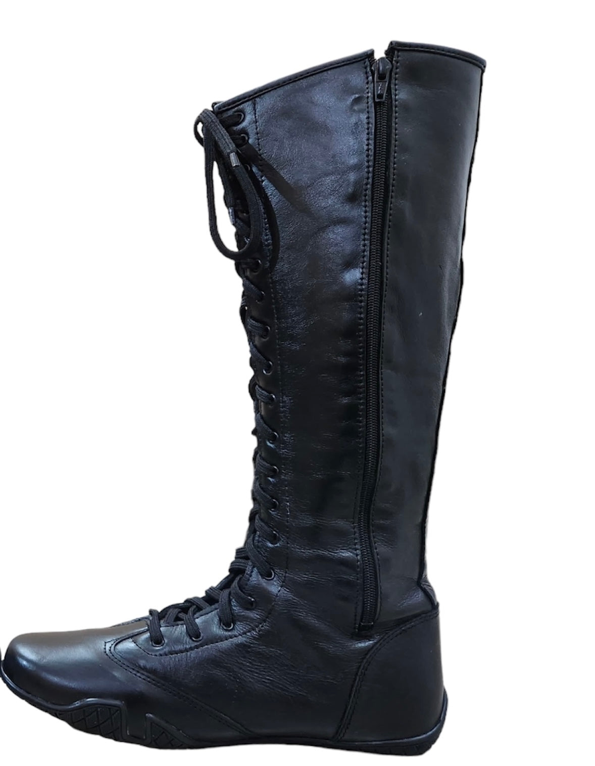 Pro Wrestling Boots, Flat Sole, Handmade,   ZIPPER & Lace-up style, 100% Original Leather, Black Color, Customizable