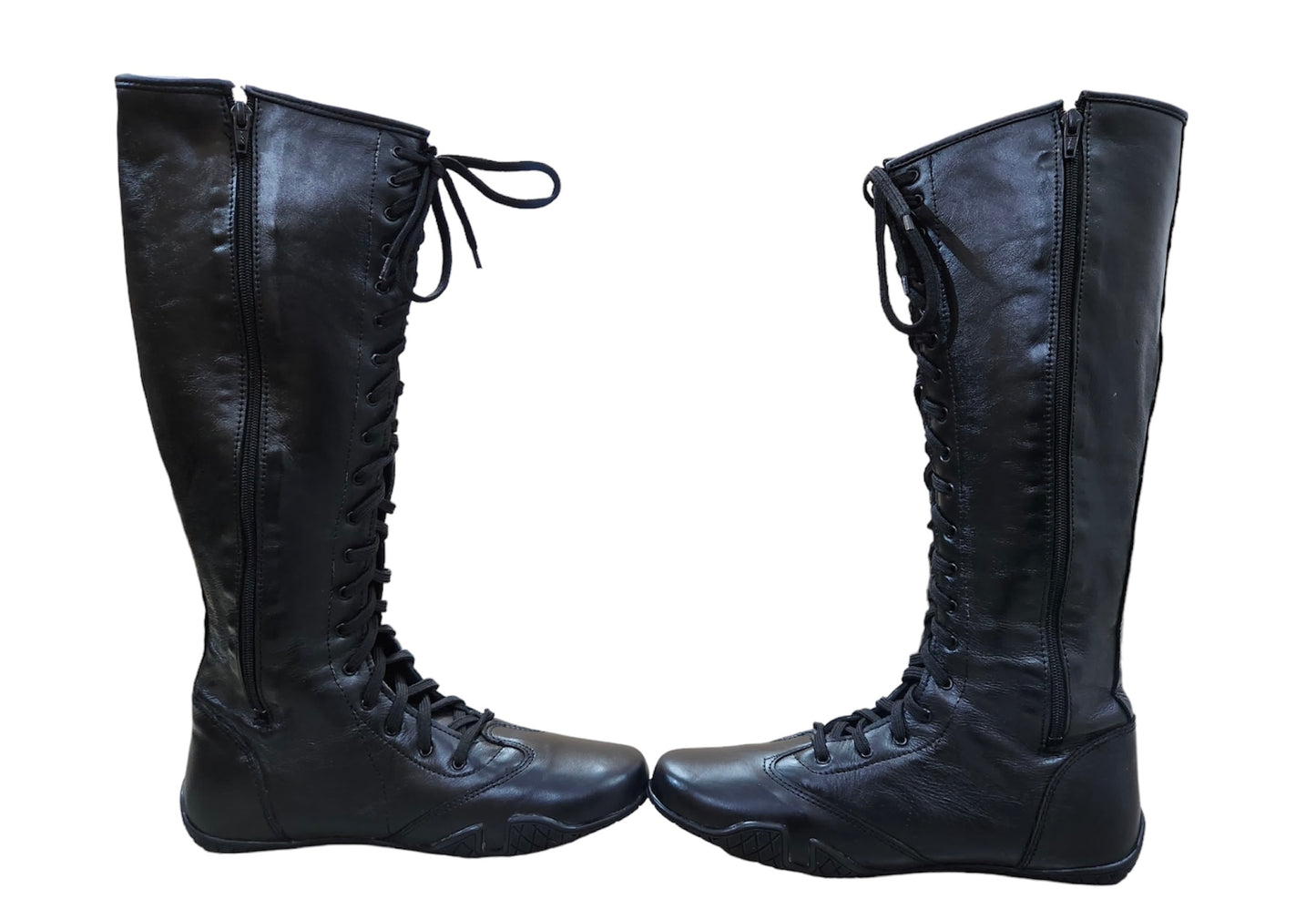 Pro Wrestling Boots, Flat Sole, Handmade,   ZIPPER & Lace-up style, 100% Original Leather, Black Color, Customizable